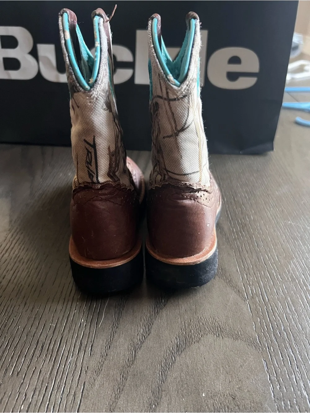 Ariat Brown Leather Kids Cowboy Boots with Teal Accents